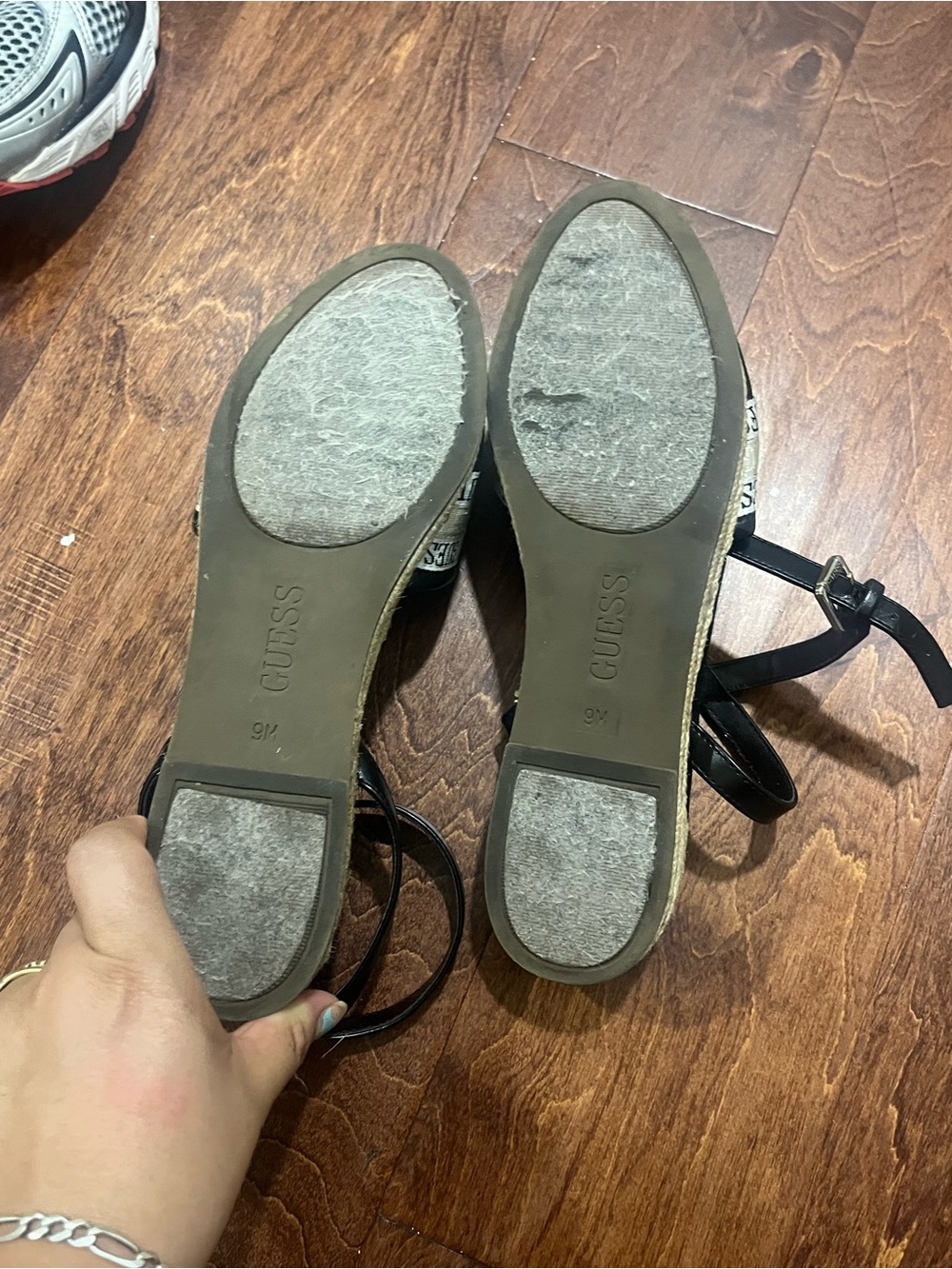 GUESS Black Espadrille Ankle-Strap Wedges with Logo Banding - Picture 10 of 12
